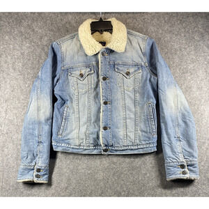Earl Jean Denim Sherpa Trucker Jacket Mens Medium Blue Fleece Lined Vintage USA